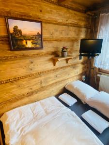 a bedroom with two beds and a tv on the wall at Bukovina Concept Mountain in Bukowina Tatrzańska