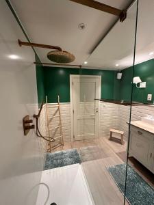 Łazienka z zielonymi ścianami i przeszkloną kabiną prysznicową w obiekcie Huys In As w mieście As
