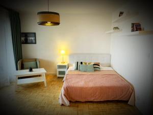 - une chambre avec un lit, une table et une lampe dans l'établissement T1 bel appartement proche de Genève, à Annemasse