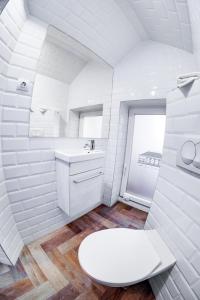 a white bathroom with a toilet and a sink at Tóni Villa in Budapest