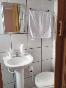 ein Badezimmer mit einem Waschbecken, einem WC und einem Spiegel in der Unterkunft RECANTO DA IZAURINHA in Olímpia