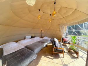 湯布院的住宿－由布院温泉グランピング　風の響き，一间帐篷内带两张床的卧室