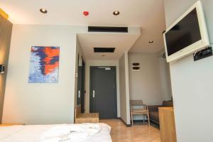 1 dormitorio con 1 cama y TV en la pared en SHERLOCK HOMES HOTELS, en Estambul