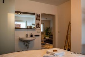 La salle de bains est pourvue d'un lavabo et d'un miroir. dans l'établissement Kokomani Living Wetzlar, à Wetzlar