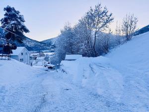 uma estrada coberta de neve com árvores e uma casa em Prestadalen 6 em Sogndal