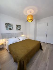 a bedroom with a large bed and a light at Le dodo bleu in Saint-Pierre