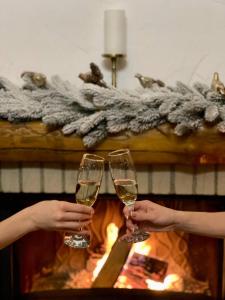 two people holding wine glasses in front of a fireplace at Vila Poiana Vadului in Vadul lui Vodă