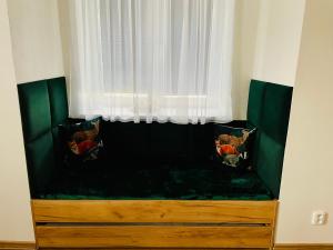a green couch with pillows in front of a window at Rodinný apartmán v Karlovicích in Karlovice