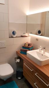 a bathroom with a sink and a toilet and a mirror at Neckarzeit in Neckarwestheim
