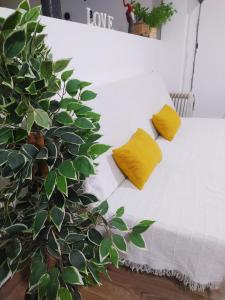 a white bed with two yellow pillows next to a plant at Apartamento Loft La Magdalena in Córdoba