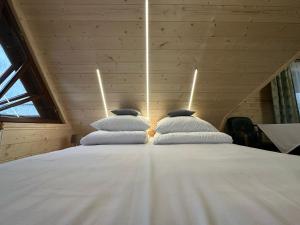 Duas almofadas em cima de uma cama num quarto em Pienińska Willa Aleksandrówka em Szczawnica