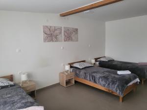 a bedroom with two beds and a picture on the wall at Pepi Sobe in Čepin +59 photos