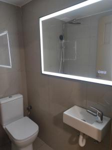 a bathroom with a toilet and a sink and a mirror at Johnson house in Rafina