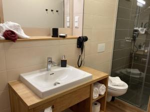 a bathroom with a sink and a shower and a toilet at Landgasthof Meja in Radibor