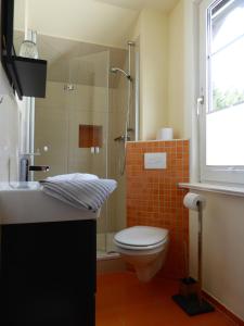 a bathroom with a shower and a toilet and a sink at Pension Waldesblick in Friedrichroda