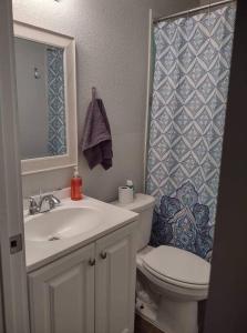 a bathroom with a sink and a toilet and a shower at Serene 4 BR Home Near Weatherford-19 Minute Drive in Mineral Wells