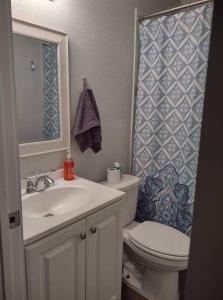 y baño con lavabo, aseo y ducha. en Serene 4 BR Home Near Weatherford-19 Minute Drive, en Mineral Wells