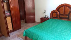 um quarto com uma cama com uma colcha verde em ferratti em Guarapari