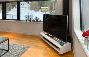Il comprend un salon doté d'une grande télévision à écran plat et d'une fenêtre. dans l'établissement Nice Home In Vrmd With Kitchen, à Värmdö
