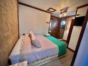 um quarto com uma cama num quarto com um chuveiro em RUSTIKA Bed and breakfast em Viña del Mar