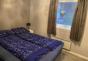 a bedroom with a bed with blue sheets and a window at Aurora House Dåfjord/Tromsø in Karlsøy