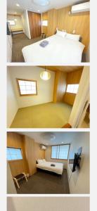 2 Bilder von einem Schlafzimmer mit einem Bett und einem Wohnzimmer in der Unterkunft Oda hotel Akihabara in Tokio