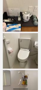 東京にあるOda hotel Akihabaraのバスルーム(トイレ付)とカウンターの写真2枚