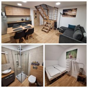 3 Bilder von einem Wohnzimmer und einer Küche in der Unterkunft Domki przy Skarpie in Lądek-Zdrój