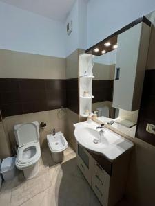 uma casa de banho com um WC, um lavatório e um espelho. em Home Sweet Home em Elbasani