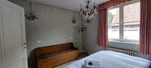 a bedroom with a bed and a window and a chandelier at Heerlijke Studio in centrum van Brugge in Bruges