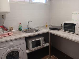 eine Küchentheke mit einer Spüle und einer Mikrowelle in der Unterkunft Apartamento Triana in Alovera