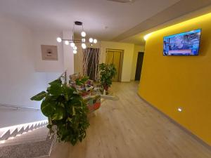 a living room with plants and a yellow wall at Aureo Alojamiento Urbano in Abarán