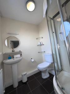 a bathroom with a sink and a toilet and a shower at North Dublin Modern Apartment in Dublin