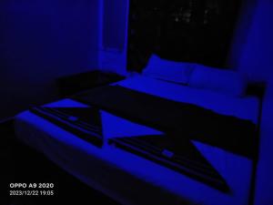 a bedroom with two beds in a blue room at Om home stay in Kumta