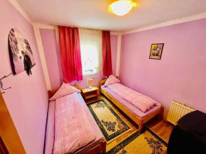 een kleine kamer met 2 bedden en een raam bij Cozy House in Cavnic, Maramures in Cavnic