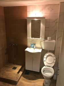 a bathroom with a toilet and a sink and a mirror at Apartman Ika 1N in Kraljevo