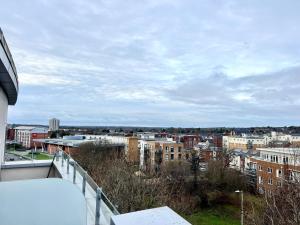 博勒姆伍德的住宿－Spacious 3-bed top-floor flat w/ balcony，从大楼的阳台上可欣赏到城市景观