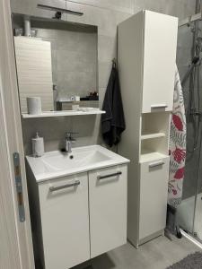 a white bathroom with a sink and a shower at Apartment Black and white in Zagreb