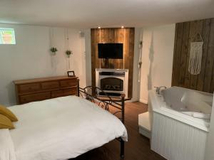 Notre-Dame-Des-BoisにあるDomaine des Montagnaisのベッドルーム(ベッド1台、バスタブ、テレビ付)