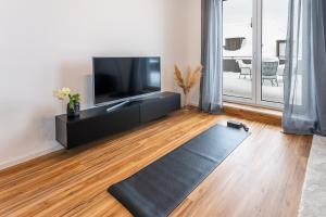 uma sala de estar com televisão e um tapete preto em Tonirooms Penthouse em Straubing