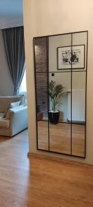 Living Life Apartment Komotini في كوموتيني: مرآة في غرفة المعيشة مع نبات الفخار