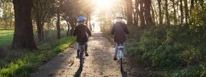 two people riding bikes down a dirt trail at Camping het Swinnenbos in Diest