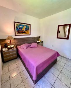 1 dormitorio con 1 cama grande con colcha púrpura en Flat da Graça, en Palhoça
