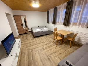 Habitación con cama, mesa y TV. en Pension Balm, en Meiringen