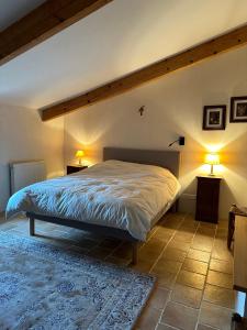 a bedroom with a large bed with two lamps on it at Chambres d'hôtes - Le Mas du Colombeyras in Espeluche