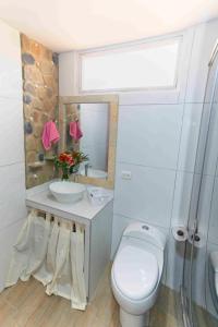 a bathroom with a toilet and a sink and a mirror at Modern Appartments with private beach in Máncora