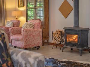uma sala de estar com 2 cadeiras e um fogão a lenha em Monkey Thorn Guest Lodge em White River
