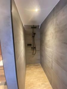 ein Bad mit einer Dusche mit einer Wand in der Unterkunft Weber´s Fewo in Graswang