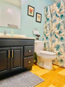 een badkamer met een toilet, een wastafel en een douchegordijn bij The cozy big studio -30 days in Kailua-Kona