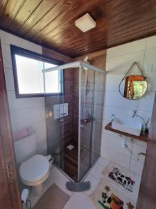 uma casa de banho com um chuveiro, um WC e um lavatório. em Chalé Romântico em São Francisco de Paula